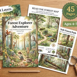 Puede incluir: Un paquete de actividades Forest Explorer Adventure de 45 páginas para edades de 4 a 7 años, con escenas forestales ilustradas, vida silvestre y tareas de descubrimiento. Incluye lápices de colores, una goma y una lupa sobre madera.