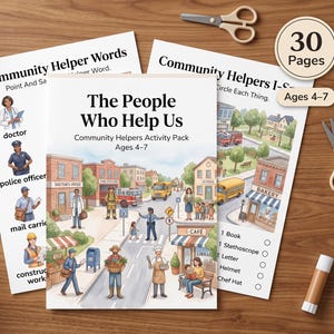 Puede incluir: Un paquete de actividades de 30 páginas sobre ayudantes comunitarios titulado The People Who Help Us para edades de 4 a 7 años. La portada presenta una colorida ilustración de una ciudad con varios trabajadores, incluyendo un médico y un chef.