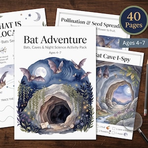 Może przedstawiać: 40-stronicowy zestaw edukacyjny Bat Adventure dla dzieci w wieku 4-7 lat, zawierający arkusze o echolokacji, zapylaniu i jaskiniach nietoperzy. Wydrukowane strony zawierają akwarelowe ilustracje nietoperzy, nocnego nieba i wejść do jaskiń.
