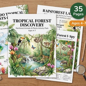 Könnte beinhalten: Ein 35-seitiges Tropical Forest Discovery Aktivitätsheft für Kinder von 4-7 Jahren mit Illustrationen von Regenwaldtieren, Pflanzen und einem Wasserfall. Die Seiten enthalten Lernkarten, Suchspiele und Diagramme der Regenwaldschichten.