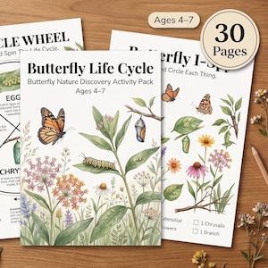 Könnte beinhalten: Ein 30-seitiges Aktivitätspaket zum Lebenszyklus von Schmetterlingen für 4- bis 7-Jährige, mit einem Lebenszyklus-Rad, Natur-Entdecker-Arbeitsblättern und Illustrationen von Monarchfaltern, Raupen, Puppen und verschiedenen Wildblumen.