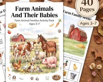 Fiches d'activités sur les animaux de la ferme et leurs bébés, activités préscolaires à la ferme, association de bébés animaux, PDF d'apprentissage à imprimer