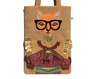 Tote Bag, Unique Padded Lady Cat Tote Bag, Beautiful Laptop Bag, Handbag For Laptops, Shoulder Bag, Unrepeatable Original Bag