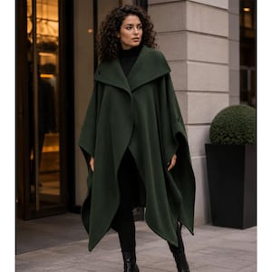 Damen-Cape-Mantel aus waldgrüner Wolle, übergroßer Winterponcho, eleganter Wollumhang