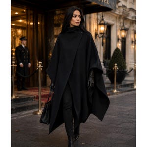 レディース ブラック ウール ケープ コート、オーバーサイズ ウィンター ポンチョ クローク、エレガントなウール ラップ アウター