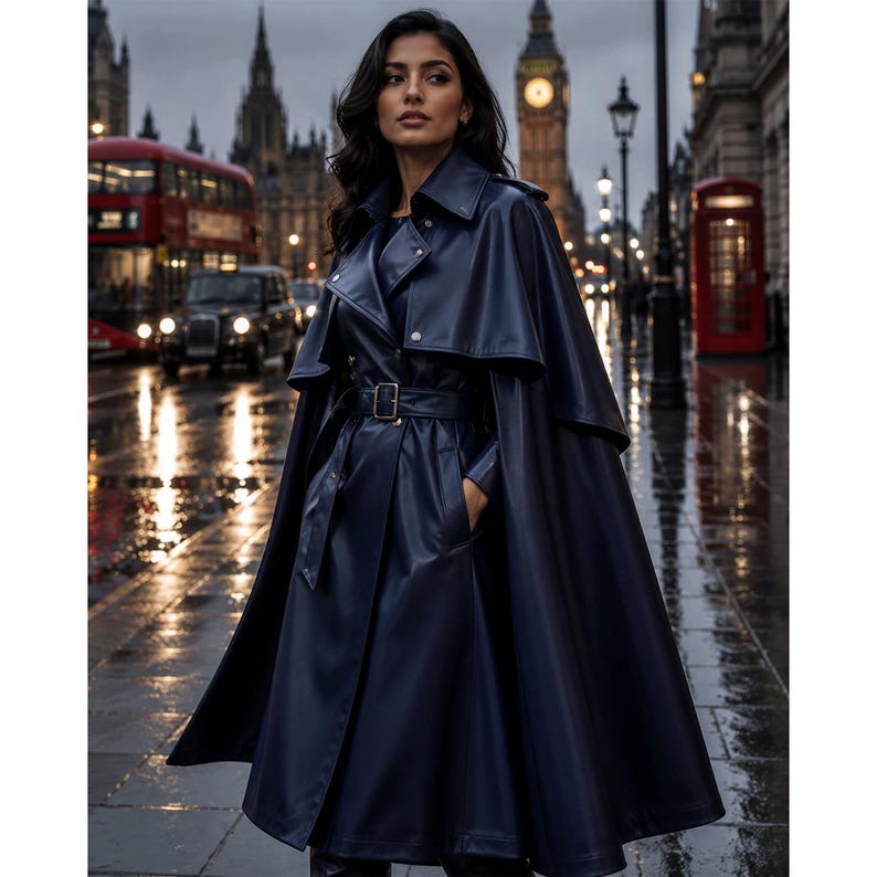 May include: A dark navy blue trench coat featuring a cape-style overlay, a structured collar, and a matching belt with a rectangular buckle. The coat has a smooth, semi-gloss finish, long sleeves, and a full-length silhouette with a buttoned front.