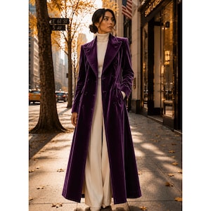 Puede incluir: Un abrigo largo de terciopelo morado de doble botonadura con solapas anchas y mangas largas, usado sobre un suéter de cuello alto color crema y pantalones anchos a juego. El abrigo tiene un corte estructurado y llega hasta los tobillos.