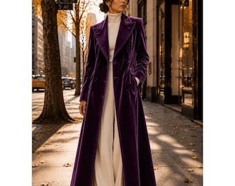Abrigo largo de terciopelo morado para mujer, abrigo maxi cruzado, elegante chaqueta formal de invierno.
