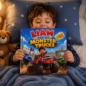 May include: A hardback children's book titled Liam and His Monster Trucks featuring a red monster truck with a cartoon character, a blue monster truck, and a green monster truck on the cover, with a golden ticket graphic in the corner.