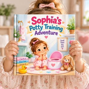 May include: A children's book titled Sophia's Potty Training Adventure featuring a cartoon girl in pink pajamas sitting next to a pink potty, a yellow rubber duck, and a stuffed bunny on a heart-patterned rug, with stacked books labeled I Can Do It.