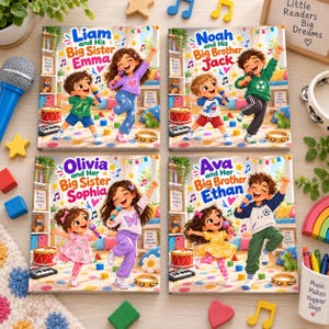 May include: Four personalised children's books featuring illustrated scenes of siblings singing with microphones. Each cover displays names like Liam and Emma, Noah and Jack, Olivia and Sophia, or Ava and Ethan, surrounded by musical notes and toys.
