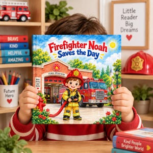 Puede incluir: Un libro infantil titulado Firefighter Noah Saves the Day con una ilustración de dibujos animados de un joven bombero con equipo amarillo y casco rojo frente a un camión de bomberos rojo y una estación de ladrillo.