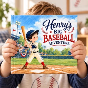 May include: A hardback children's book titled Henry's Big Baseball Adventure featuring a colourful illustration of a young baseball player in a white and blue uniform holding a wooden bat on a baseball field with a stadium and crowd in the background.