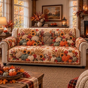 May include: A sofa cover featuring a quilted pattern of orange pumpkins, yellow sunflowers, white hydrangea clusters, and autumn leaves. The design includes a central wooden fence motif. The fabric displays a warm color palette of orange, yellow, brown, and cream, covering the seat, backrest, and armrests of the furniture.