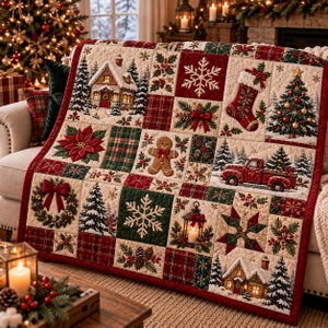 Couverture matelassée de Noël avec camion rouge, jeté chaussette en pain d'épice, courtepointe patchwork de Noël, décoration champêtre, jeté de canapé douillet, cadeau pour maman