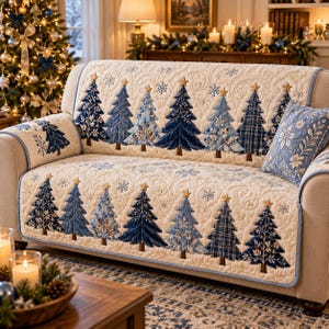 May include: A cream-colored quilted sofa cover featuring a repeating pattern of embroidered Christmas trees in various shades of blue, including navy, light blue, and plaid designs, accented with gold star toppers and white snowflake motifs.