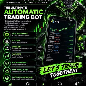 May include: A digital advertisement for Kobra Harald Forex Trading Bot featuring a green snake graphic, a smartphone displaying MT4 trading data, and text detailing features like 100% automatic mode, risk management, and compatibility with all assets.