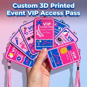May include: A collection of rectangular 3D printed VIP access passes in pink and blue, featuring graphics of palm trees, beach chairs, microphones, flamingos, sunglasses, beach balls, and turntables, with custom names and event text printed on each.