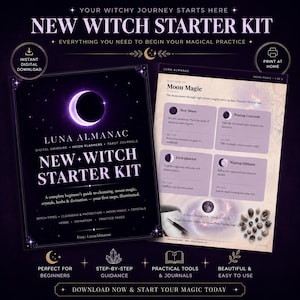 Op de afbeelding: Een digitale New Witch Starter Kit van Luna Almanac met een donkerpaarse omslag met een maansikkel en een tweede pagina over maanmagie met vier maanfasen, tekstbeschrijvingen en een illustratie van een maanfasetracker.