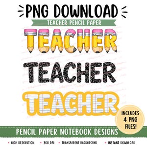 Teacher PNG Bundle, Pencil, Composition Notebook, Lined Paper Designs (Digital Download)