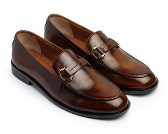 Handmade Brown Leather Horsebit Loafers for Men | Slip-On Dress Shoes
