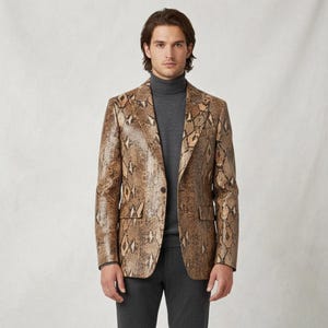 Men's Python Snakeskin Print Leather Blazer, Real Leather Notch Lapel Suit Jacket