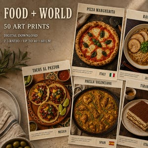 50 Láminas de Comida del Mundo: Arte Gastronómico Imprimible para Cocina, Set Digital