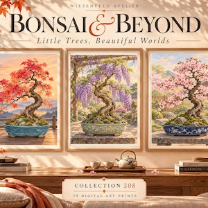 May include: Three framed art prints titled Bonsai & Beyond Little Trees, Beautiful Worlds, Collection 308. The prints display a red maple bonsai, a purple wisteria bonsai, and a pink cherry blossom bonsai, each in a decorative ceramic pot.