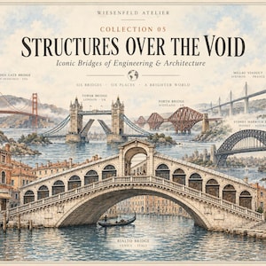 Puede incluir: Un póster titulado Wiesenfeld Atelier Collection 05 Structures Over The Void Iconic Bridges of Engineering & Architecture. Presenta ilustraciones del Golden Gate Bridge, Tower Bridge, Forth Bridge, Millau Viaduct, Sydney Harbour Bridge y el puente de Rialto en Venecia, Italia.