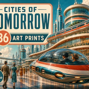 Puede incluir: Una colección de 36 láminas artísticas titulada Cities of Tomorrow que muestra un paisaje urbano futurista con un vehículo en forma de platillo volante, edificios altos de cristal y personas con ropa vintage. Incluye insignia de descarga digital.