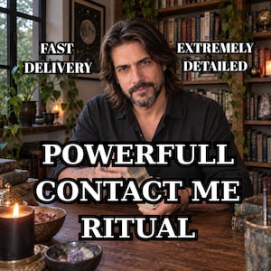 May include: A person with long brown hair and a beard wearing a black shirt, holding a deck of cards. Text reads: FAST DELIVERY, EXTREMELY DETAILED, POWERFULL CONTACT ME RITUAL. The setting includes a lit candle, bowls, and books.