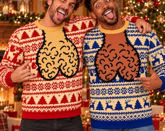 May include: Two long-sleeve knit sweaters featuring a festive fair isle pattern with reindeer and pine trees. One sweater is red and cream with a yellow scrotum graphic, while the other is blue and cream with a brown scrotum graphic.