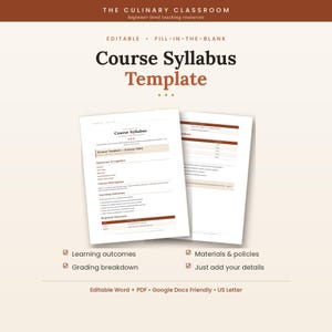 Puede incluir: Una plantilla de programa de curso editable para The Culinary Classroom con secciones para rellenar sobre detalles del curso, logística, resultados de aprendizaje y desglose de calificaciones. Formato de papel US Letter.