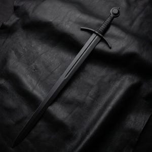 May include: A matte black sword featuring a straight double-edged blade with a central fuller, a crossguard with straight quillons, and a ribbed grip ending in a circular pommel. The entire weapon is finished in a uniform dark black colour.