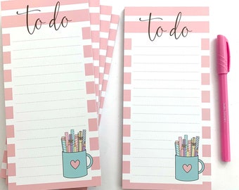 Illustrated To do List Notepad, DL Notepad with Pen Mug on Pink Background, Desktop Notepad, DL To Do List, NTP_DL01