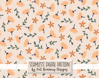 Orange Flowers Seamless Digital Pattern, Floral Seamless Digital Paper, Seamless Repeat Pattern, KB24002_I