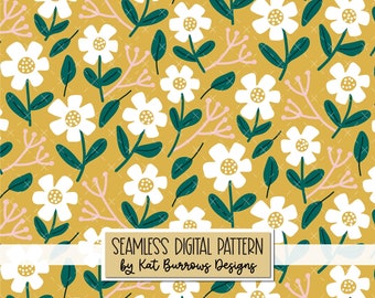 Daisy Flowers on Mustard Seamless Digital Pattern, Floral Seamless Digital Paper, Seamless Repeat Pattern, KB24002_G