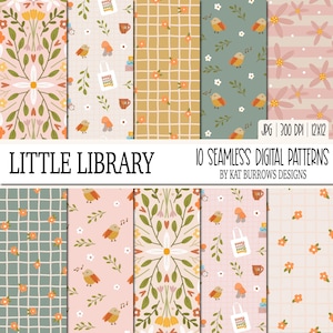 May include: Ten digital paper patterns featuring a variety of designs, including birds, flowers, and books. The patterns are in a variety of colours, including pink, green, and yellow. The text "LITTLE LIBRARY" and "10 SEAMLESS DIGITAL PATTERNS BY KAT BURROWS DESIGNS" is included in the image.