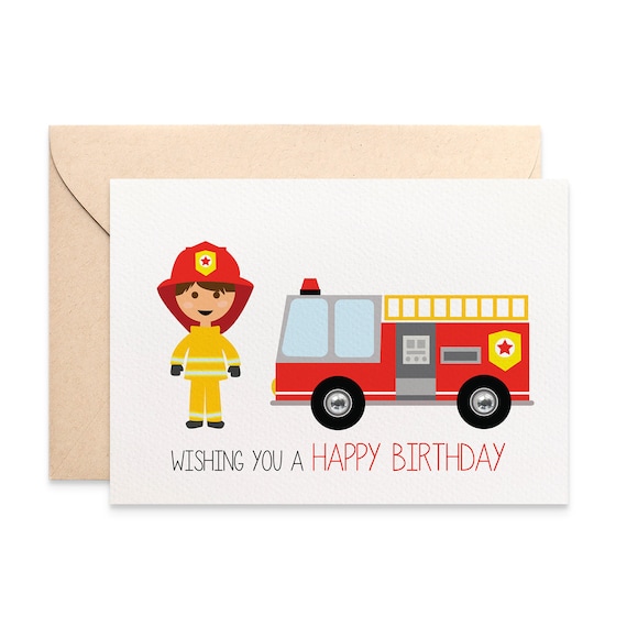 Birthday Card Boy Firefighter Card with Red Fire Engine | Etsy