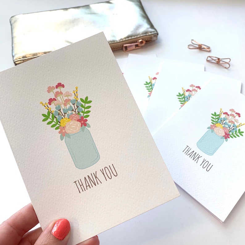 Thank You Card Pack, Mason Jar With Bright Flowers, Set of 5 Cards ...