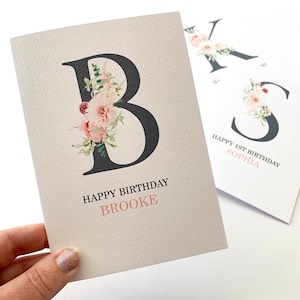 Personalised Pink Floral Letter Birthday Card, Women's Birthday Card, Any Letter and Age 18, 21, 30, 40 etc, Birthday Floral Letters, HBF186