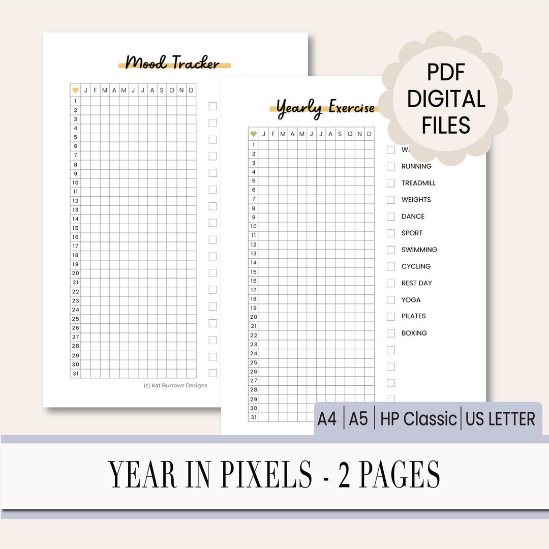 Year in Pixels Printables, Mood Tracker Digital PDF, Exercise Tracker ...