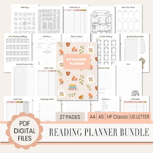 Book Tracker Printable Bundle, Reading Planner PDF, Book Journal 27 Pages, A5, A4, US Letter, Happy Planner Inserts, Printables for Readers