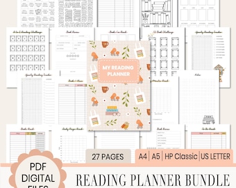 Book Tracker Printable Bundle, Reading Planner PDF, Book Journal 27 Pages, A5, A4, US Letter, Happy Planner Inserts, Printables for Readers