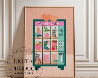 Impresión de arte digital, máquina expendedora ecológica de autocuidado, impresión digital de autocuidado, impresiones positivas ilustradas para el hogar