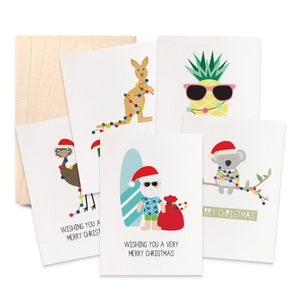 Australian Christmas Card Pack, Aussie Christmas Cards, Set of 5 Cards, Koala Card, Kangaroo Card, Emu Card, Aussie Santa Xmas Cards, 5P026