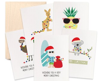 Australian Christmas Card Pack, Aussie Christmas Cards, Set of 5 Cards, Koala Card, Kangaroo Card, Emu Card, Aussie Santa Xmas Cards, 5P026