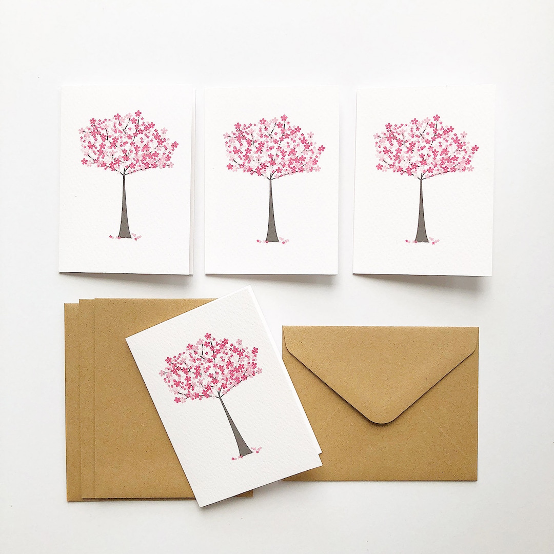 Mini Gift Card Pack + Envelopes | Pink Cherry Blossom Tree | Set of 4 ...