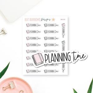May include: A sheet of planner stickers with the text "PLANNING Time" in a script font. The stickers feature small notebook illustrations and the words "PLANNING time". The stickers are in shades of pink, grey, and black.