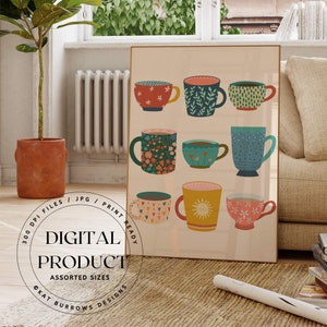Digital Art Print, Tea Cups Printable Art Print, Tea Art Digital Print, Illustrated Art Prints for the Home, Kitchen Art Print